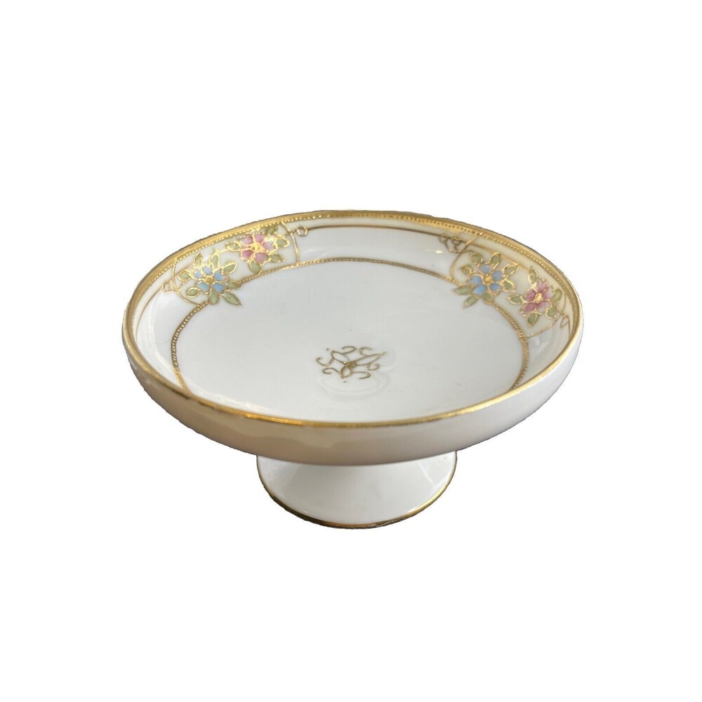 Nippon Hand Painted Porcelain Pedistal Bowl Gold‎ Trim Pink Blue Floral Vintage